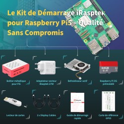 iRasptek Raspberry Pi 5 Kit de démarrage 16Go - Édition OS-Bookworm de 64Go préinstallée (boîtier Rouge et Blanc)