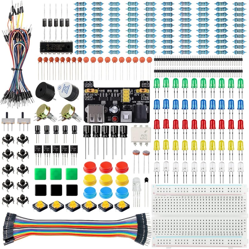 Miuzei Kit de démarrage de Base pour Arduino avec Carte connectée, Module d'alimentation, câble de Jumper, resistors, LED, Planc