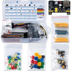 Miuzei Kit de démarrage de Base pour Arduino avec Carte connectée, Module d'alimentation, câble de Jumper, resistors, LED, Planc