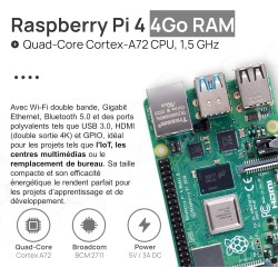 Raspberry Pi 4 4 Go Starter Kit Noir | Alimentation Officielle 15W | Boîtier Officiel | Carte mémoire de 64 Go | Câble 4k Micro 