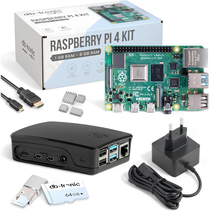 Raspberry Pi 4 2 Go Starter Kit Noir | Alimentation Officielle 15W | Boîtier Officiel | Carte mémoire de 64 Go | Câble 4k Micro 