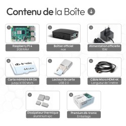 Raspberry Pi 4 2 Go Starter Kit Noir | Alimentation Officielle 15W | Boîtier Officiel | Carte mémoire de 64 Go | Câble 4k Micro 