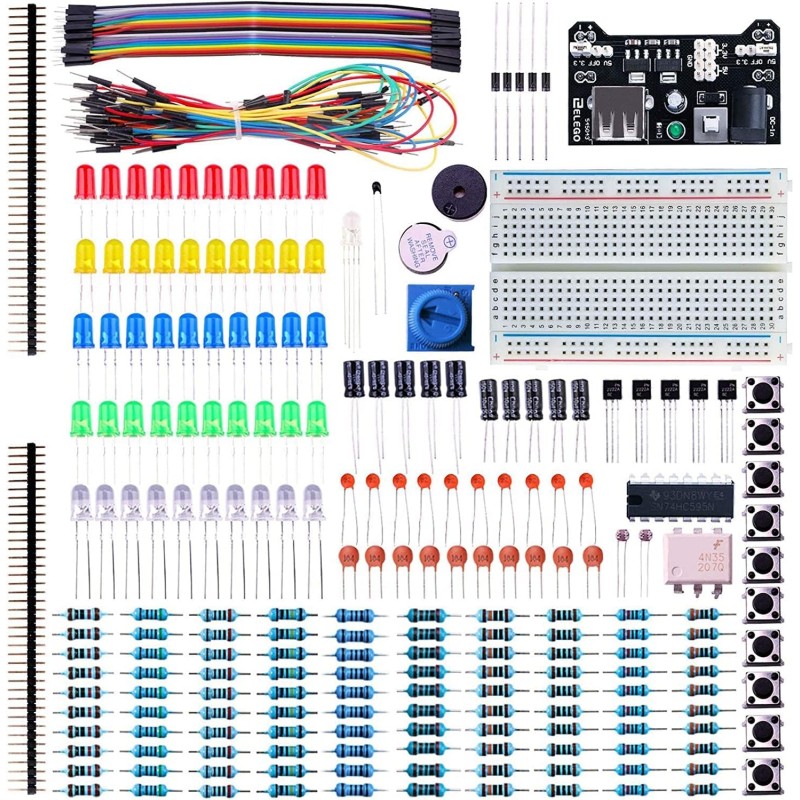 ELEGOO Fun Kit Composant Électronique Breadboard Câble Resistor Capacitor LED Potentiomètre, Kit d'apprentissage, Mega