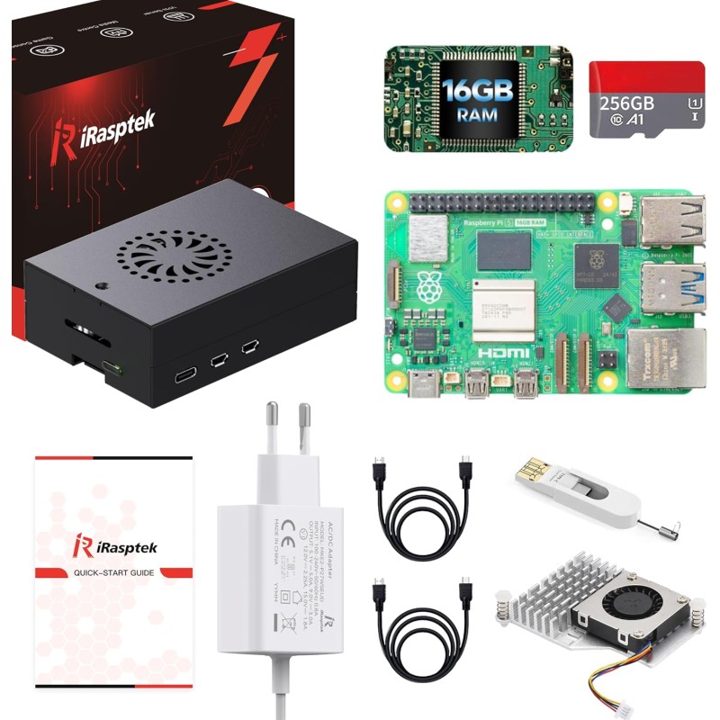 iRasptek Raspberry Pi 5 Kit de démarrage 16Go - Édition OS-Bookworm de 256Go préinstallée (boîtier Aluminium)