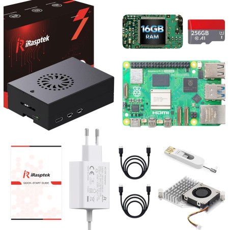 iRasptek Raspberry Pi 5 Kit de démarrage 16Go - Édition OS-Bookworm de 256Go préinstallée (boîtier Aluminium)