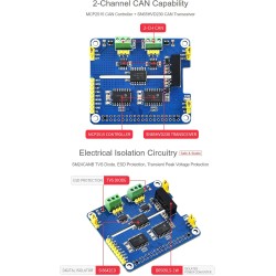 Waveshare 2-Channel Isolated Can Expansion Hat for Raspberry Pi with MCP2515 + SN65HVD230 Dual Chips Solution and Multi Onboard 