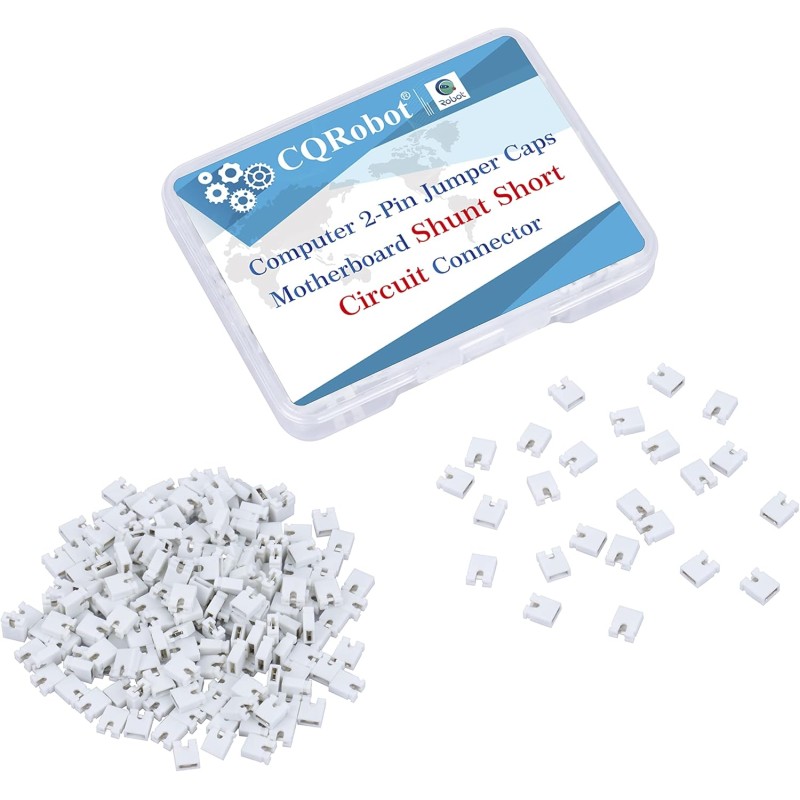 CQRobot 200 Pièces Blanc Standard Ordinateur Jumper Cap Header Pin Shunt Shorting 2P Connector Top Opening 2,54mm. Utilisé pour 