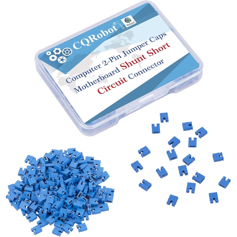 CQRobot 200 Pièces Bleu Standard Ordinateur Jumper Cap Header Pin Shunt Shorting 2P Connector Top Opening 2,54mm. Utilisé pour A