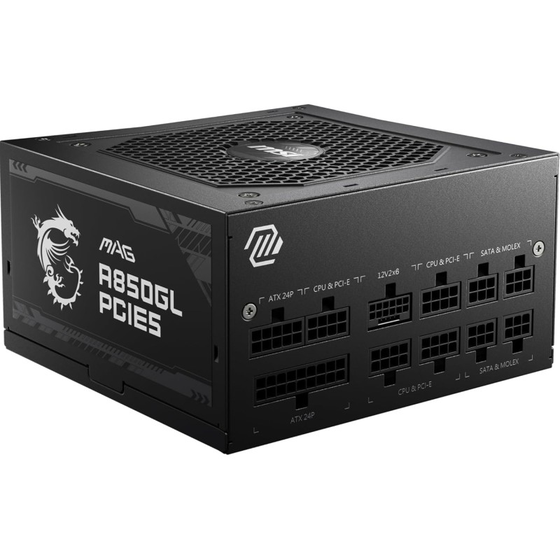 Msi mag a850gl pcie5 alimentation, 850w, 80 plus or, entièrement modulaire, atx 3.0, support gpu pcie 5.0, ventilateur fdb 120mm