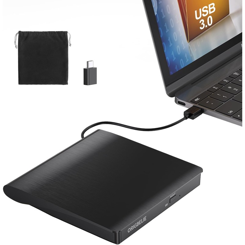 Lecteur CD Externe USB 3.0 et Type-C Portable CD/DVD +/-RW Graveur DVD Externe, Ultra Mince Lecteur DVD Externe pour PC Laptop D