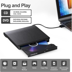 Lecteur CD Externe USB 3.0 et Type-C Portable CD/DVD +/-RW Graveur DVD Externe, Ultra Mince Lecteur DVD Externe pour PC Laptop D