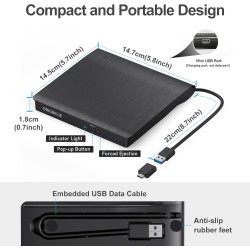 Lecteur CD Externe USB 3.0 et Type-C Portable CD/DVD +/-RW Graveur DVD Externe, Ultra Mince Lecteur DVD Externe pour PC Laptop D