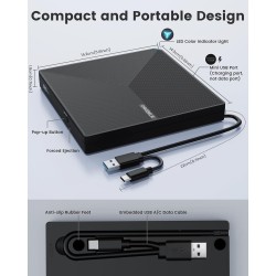 Graveur DVD Externe USB 3.0 Type-C, Plug and Play CD/DVD +/-RW Drive, Mince Lecteur CD DVD Externe pour PC Portable de Bureau iM