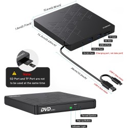 6 en 1 Lecteur CD Externe pour PC, USB 3.0 Type C CD/DVD +/-RW Graveur DVD Externe avec Lecteur de Carte SD/TF, Mince Lecteur DV