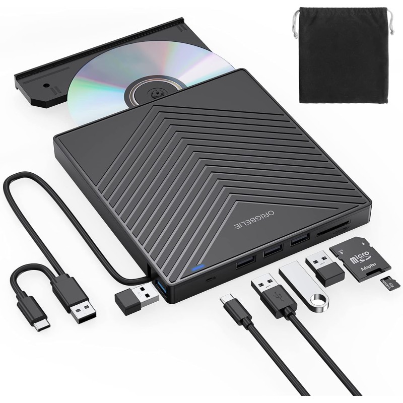 Lecteur CD DVD Externe pour PC, USB 3.0 et Type-C CD/DVD +/-RW Graveur Enregistreur, Mince Graveur DVD Externe pour PC Laptop De