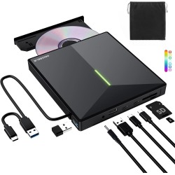 Graveur DVD Externe avec 4 Ports USB et 2 Emplacements pour Carte TF/SD, USB 3.0 Portable Lecteur CD Externe pour PC de Bureau, 