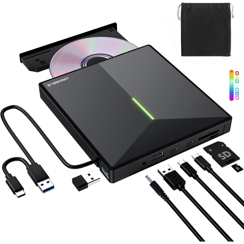 Graveur DVD Externe avec 4 Ports USB et 2 Emplacements pour Carte TF/SD, USB 3.0 Portable Lecteur CD Externe pour PC de Bureau, 