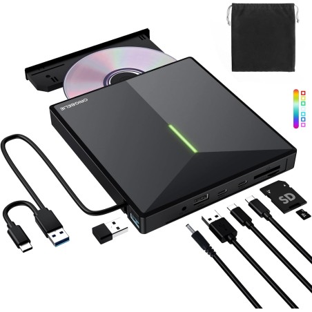 Graveur DVD Externe avec 4 Ports USB et 2 Emplacements pour Carte TF/SD, USB 3.0 Portable Lecteur CD Externe pour PC de Bureau, 