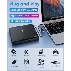 Graveur DVD Externe avec 4 Ports USB et 2 Emplacements pour Carte TF/SD, USB 3.0 Portable Lecteur CD Externe pour PC de Bureau, 
