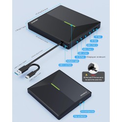 Graveur DVD Externe avec 4 Ports USB et 2 Emplacements pour Carte TF/SD, USB 3.0 Portable Lecteur CD Externe pour PC de Bureau, 