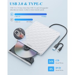 Lecteur CD/DVD Externe pour PC, USB 3.0 Type-C Portable Ultra Fin 13mm CD DVD +/-RW Drive, Plug & Play Graveur DVD Externe pour 
