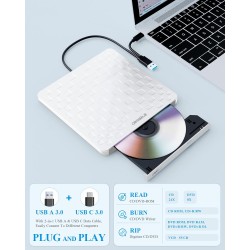 Lecteur CD/DVD Externe pour PC, USB 3.0 Type-C Portable Ultra Fin 13mm CD DVD +/-RW Drive, Plug & Play Graveur DVD Externe pour 