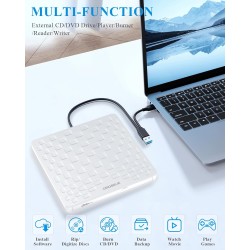 Lecteur CD/DVD Externe pour PC, USB 3.0 Type-C Portable Ultra Fin 13mm CD DVD +/-RW Drive, Plug & Play Graveur DVD Externe pour 