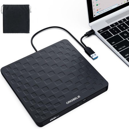 Graveur DVD Externe, Ultra Fin 13mm Portable Lecteur CD DVD +/-RW, USB 3.0 Type-C Plug & Play Lecteur CD Externe pour PC de Bure