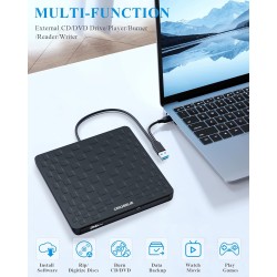 Graveur DVD Externe, Ultra Fin 13mm Portable Lecteur CD DVD +/-RW, USB 3.0 Type-C Plug & Play Lecteur CD Externe pour PC de Bure