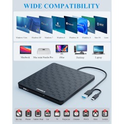 Graveur DVD Externe, Ultra Fin 13mm Portable Lecteur CD DVD +/-RW, USB 3.0 Type-C Plug & Play Lecteur CD Externe pour PC de Bure