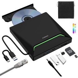 Le Plus Récent Lecteur DVD Externe, USB 3.0 Graveur CD avec Adaptateur Ethernet RJ45, 3 Ports USB et 2 Ports pour Carte TF/SD, L