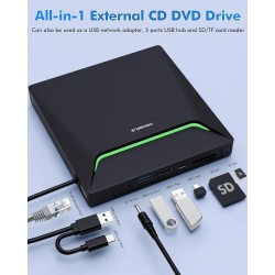 Le Plus Récent Lecteur DVD Externe, USB 3.0 Graveur CD avec Adaptateur Ethernet RJ45, 3 Ports USB et 2 Ports pour Carte TF/SD, L