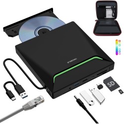 Le Plus Récent Lecteur DVD Externe, USB 3.0 graveur CD avec Adaptateur Ethernet RJ45, 3 Ports USB et 2 Ports pour Carte TF/SD, L