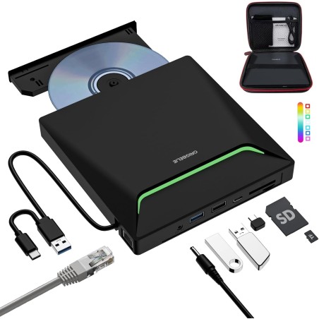 Le Plus Récent Lecteur DVD Externe, USB 3.0 graveur CD avec Adaptateur Ethernet RJ45, 3 Ports USB et 2 Ports pour Carte TF/SD, L