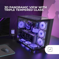 Mars Gaming MC-3C, Boîtier Gaming ATX, Vue Panoramique 3D avec Triple Verre Trempé, Design à Double Chambre Latérale, Support Co
