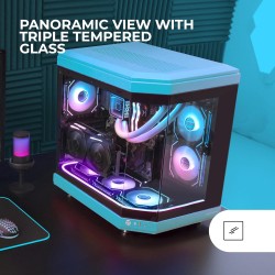 Mars Gaming MC-3T, Boîtier Gaming Custom ATX, Triple Fenêtr Verre Trempé Continu, Refroidissement Liquide Complet, Double Caméra