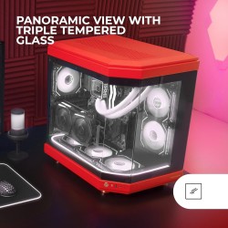 Mars Gaming MC-3T, Boîtier Gaming Custom ATX, Triple Fenêtr Verre Trempé Continu, Refroidissement Liquide Complet, Double Caméra
