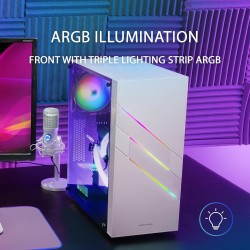 Mars Gaming MC-U3, Boîtier PC Gaming ATX XL, Triple ARGB à l'avant, Ventilateur ARGB 12cm, Fenêtre en Verre Trempé, Blanc