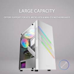 Mars Gaming MC-U3, Boîtier PC Gaming ATX XL, Triple ARGB à l'avant, Ventilateur ARGB 12cm, Fenêtre en Verre Trempé, Blanc