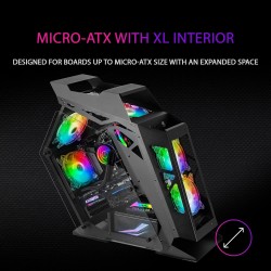 Mars Gaming MC61, Boîtier PC Gaming Compact Micro-ATX, 4 Ventilateurs 12cm, ARGB Chroma, Double Vitrage Verre Trempé, Noir