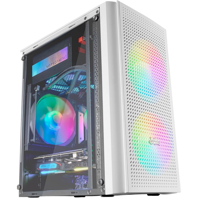 Mars Gaming MC300, Boîtier PC Gaming Compact MicroATX/Mini-ITX, 3X Ventilateurs 120mm FRGB, Panneau Avant Total-Mesh, Verre Trem