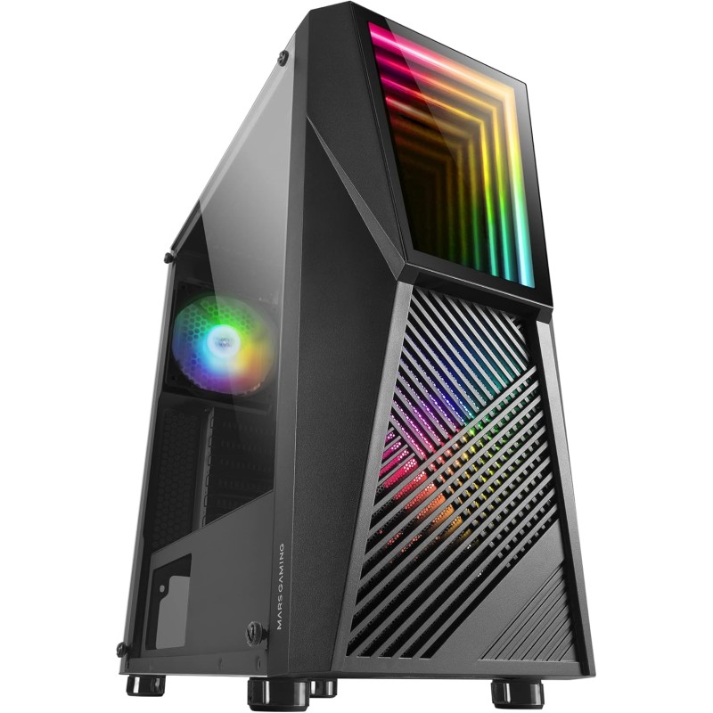 Mars Gaming MC777, Boîtier PC Gaming ATX, Miroir Infini ARGB, Verre Trempé, 2X Ventilateurs 120mm ARGB, Noir