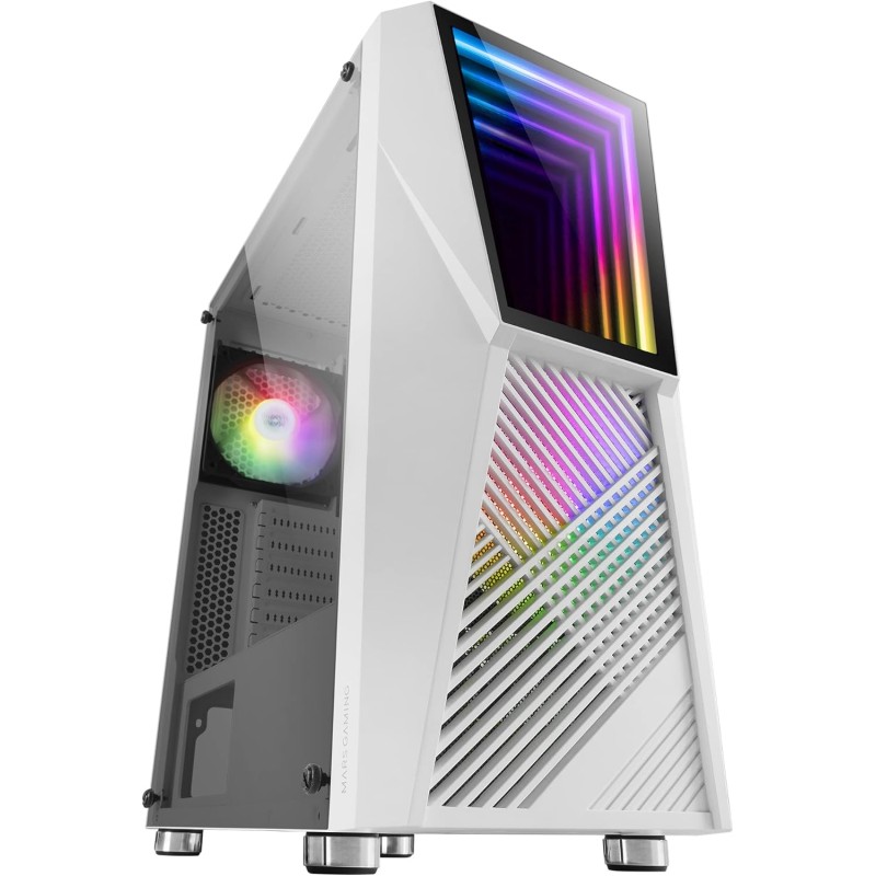 Mars Gaming MC777W, Boîtier PC Gaming ATX, Miroir Infini ARGB, Verre Trempé, 2X Ventilateurs 120mm ARGB, Blanc