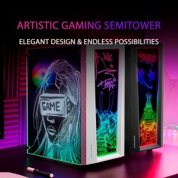 Mars Gaming MC-Art, Boîtier PC Gaming ATX, Double Vitrage Trempé Dessinable, ARGB 12 Modes, Ventilateur 12cm, Blanc