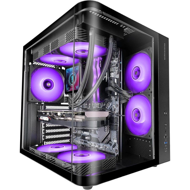 Mars Gaming MC-CURV, Boîtier Gaming ATX, Triple Verre Trempé Courbé Continu l’Avant et sur Le Côté, Structure à Double Chambre, 