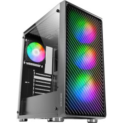 Mars Gaming MC-F, Moyen-Tour Gaming ATX, Fenêtre Verre Trempé, Façade Metal-Mesh, 4 Ventilateurs ARGB 120 mm, Noir