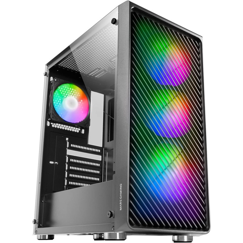 Mars Gaming MC-F, Moyen-Tour Gaming ATX, Fenêtre Verre Trempé, Façade Metal-Mesh, 4 Ventilateurs ARGB 120 mm, Noir