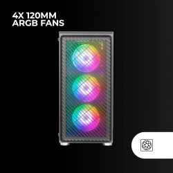Mars Gaming MC-F, Moyen-Tour Gaming ATX, Fenêtre Verre Trempé, Façade Metal-Mesh, 4 Ventilateurs ARGB 120 mm, Noir