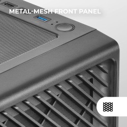 Mars Gaming MC-F, Moyen-Tour Gaming ATX, Fenêtre Verre Trempé, Façade Metal-Mesh, 4 Ventilateurs ARGB 120 mm, Noir