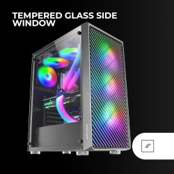 Mars Gaming MC-F, Moyen-Tour Gaming ATX, Fenêtre Verre Trempé, Façade Metal-Mesh, 4 Ventilateurs ARGB 120 mm, Noir